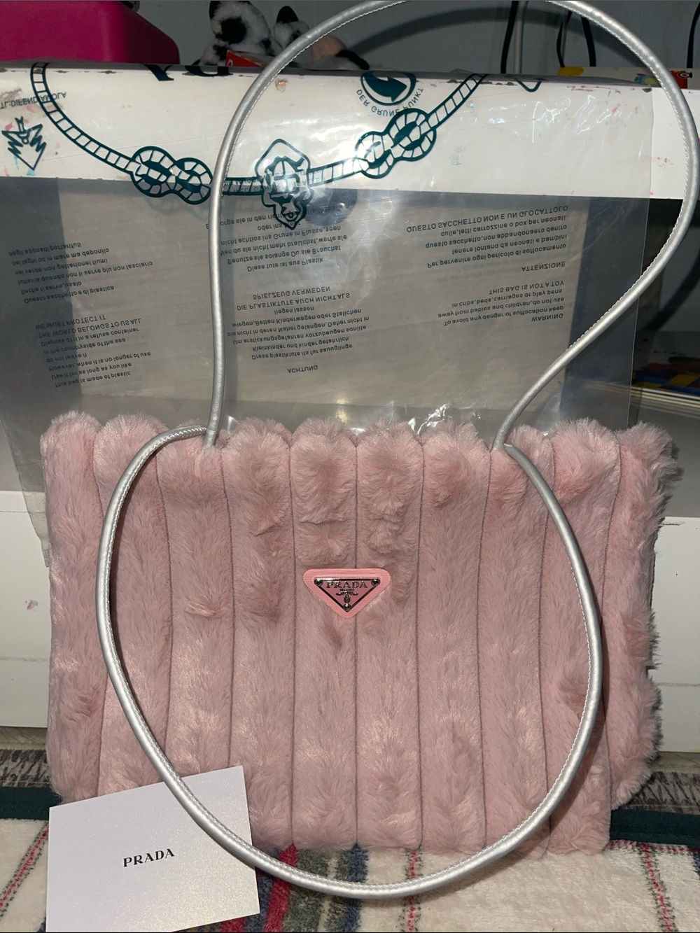 Prada Pale Pink Faux Fur Vertical-Panel Shoulder Bag with Silver Strap